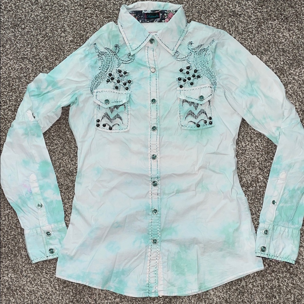 Roar Women's Aqua and White Button Down Shirt